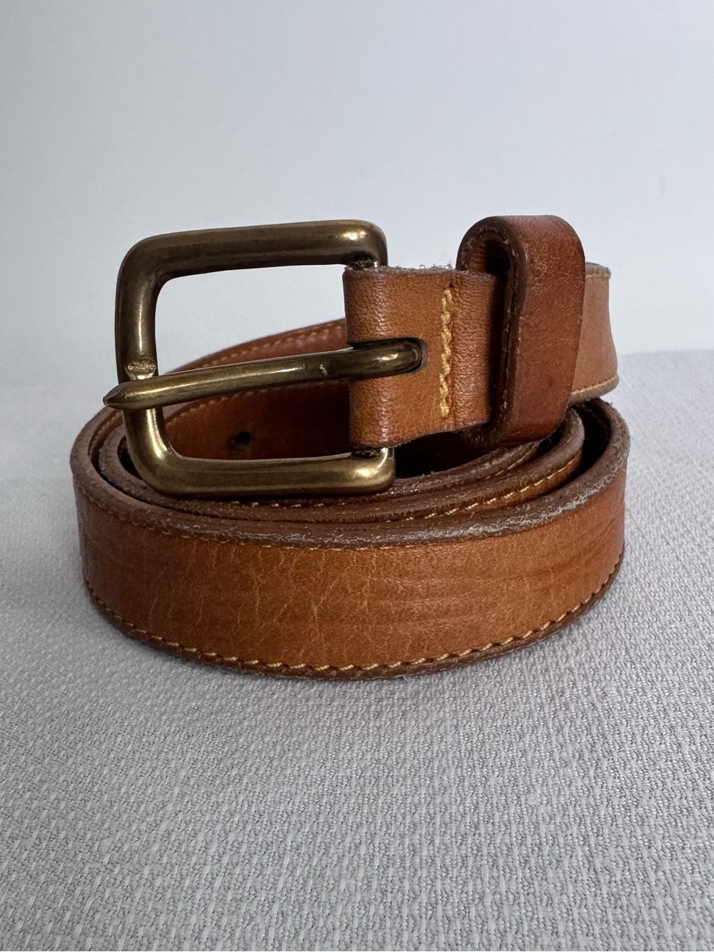 Vintage Tan Leather Belt w Solid Brass Buckle